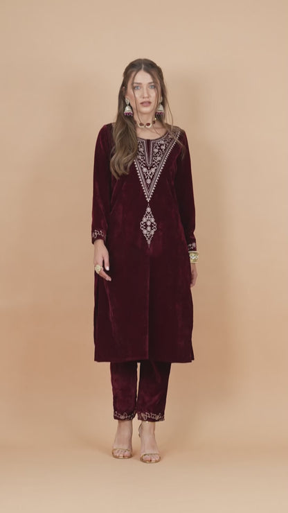 Opulent Maroon Velvet Handcrafted Suit