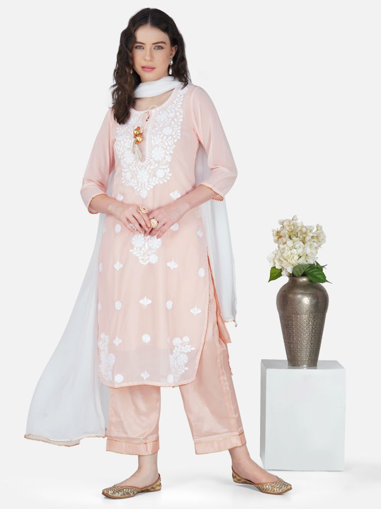 Peach Floral Lucknowi Chikankari Embroidered Kurta Set