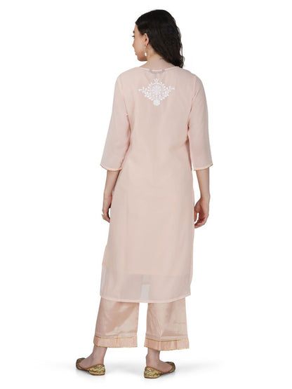 Peach Floral Lucknowi Chikankari Embroidered Kurta Set