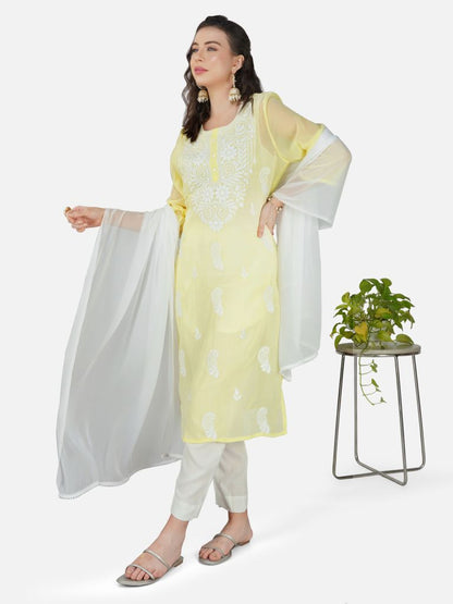 Lemon Yellow Paisley Lucknowi Chikankari Embroidered Kurta Set