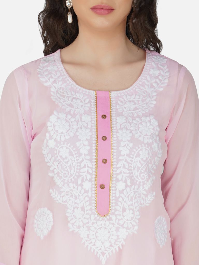 Pink Lucknowi Chikankari Embroidered Kurta Set