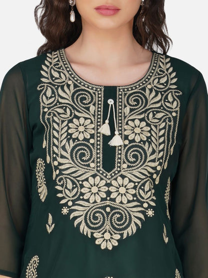 Deep Forest Green Paisley Lucknowi Chikankari Embroidered Kurta Set