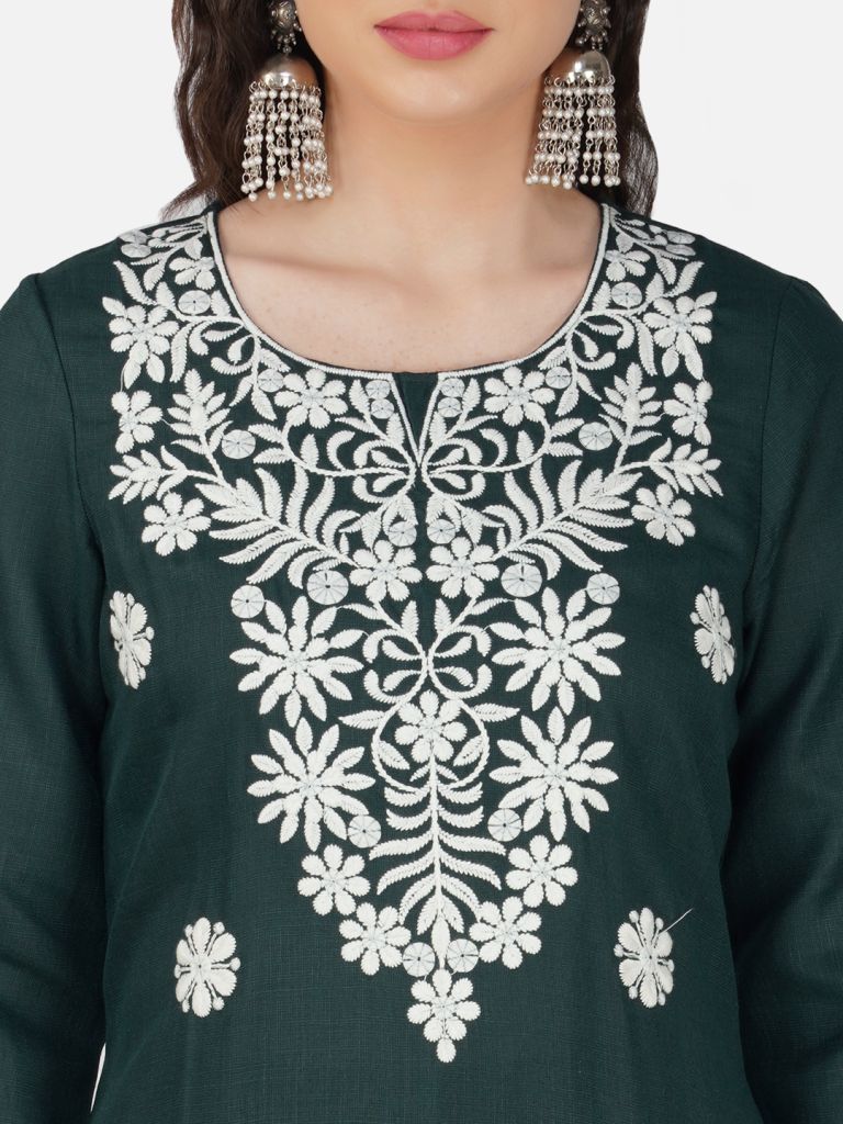 Dark Green Lucknowi Chikankari Embroidered Kurta Set