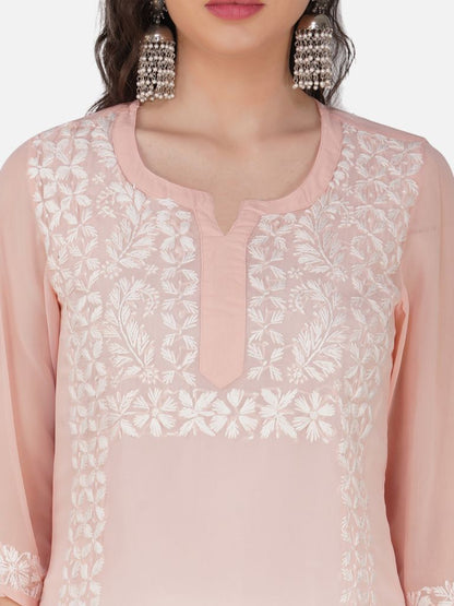 Peach Blossom Lucknowi Chikankari Embroidered Straight Kurta Set