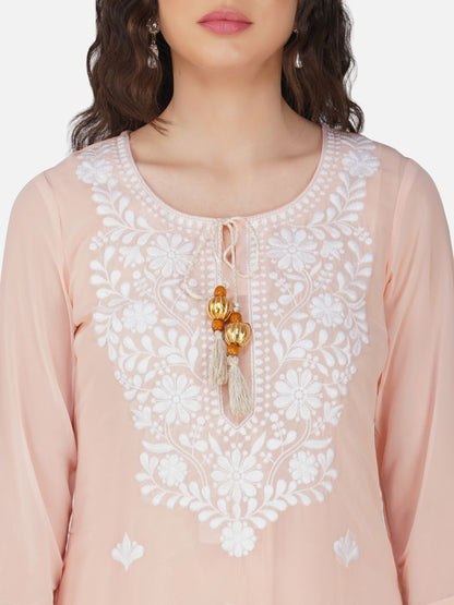 Peach Floral Lucknowi Chikankari Embroidered Kurta Set