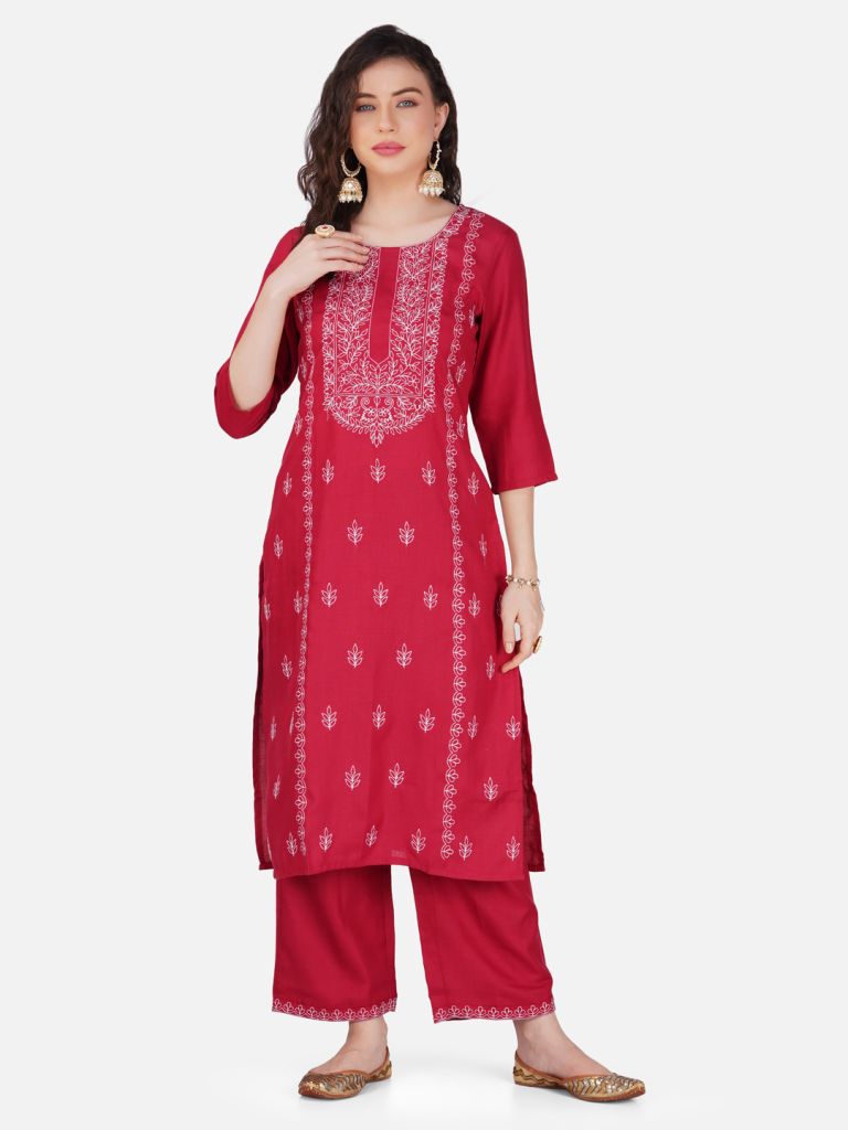 Ruby Red Lucknowi Chikankari Embroidered Kurta Set