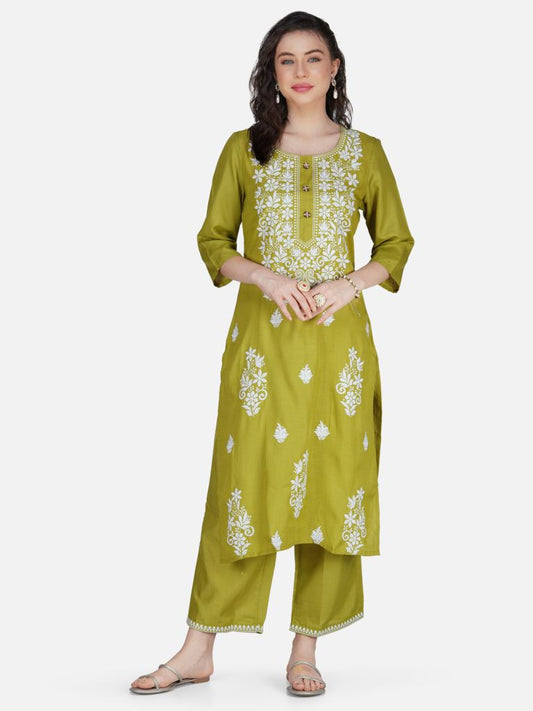 Olive Green Lucknowi Chikankari Embroidered Kurta Set