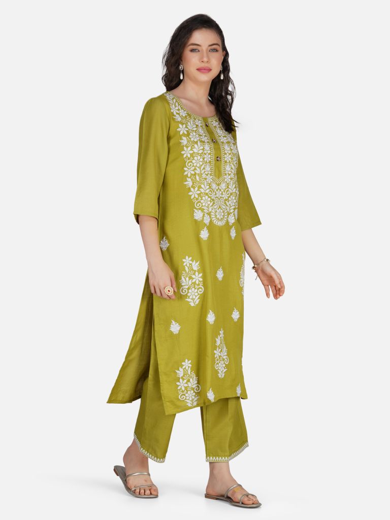 Olive Green Lucknowi Chikankari Embroidered Kurta Set