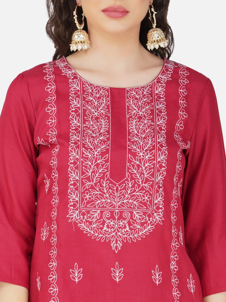 Ruby Red Lucknowi Chikankari Embroidered Kurta Set