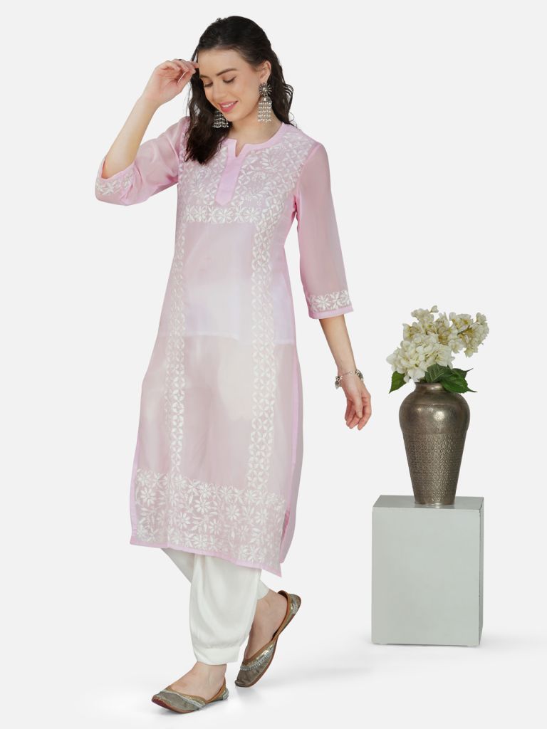 Rose Quartz Lucknowi Chikankari Embroidered Straight Kurta Set