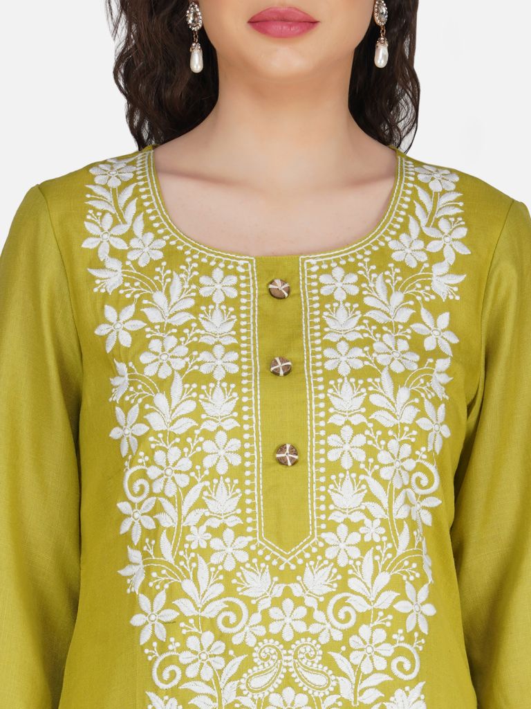 Olive Green Lucknowi Chikankari Embroidered Kurta Set