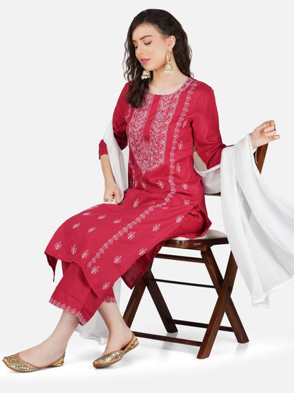 Ruby Red Lucknowi Chikankari Embroidered Kurta Set