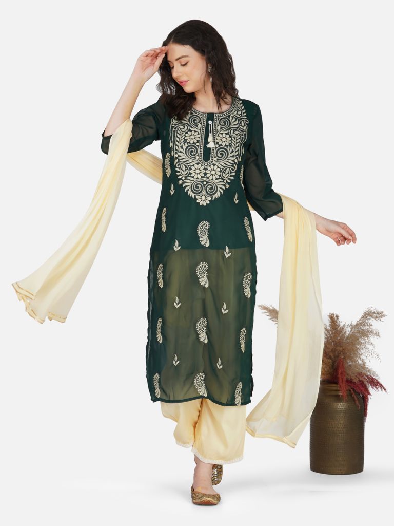 Deep Forest Green Paisley Lucknowi Chikankari Embroidered Kurta Set