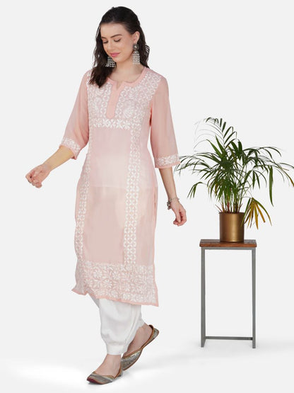 Peach Blossom Lucknowi Chikankari Embroidered Straight Kurta Set