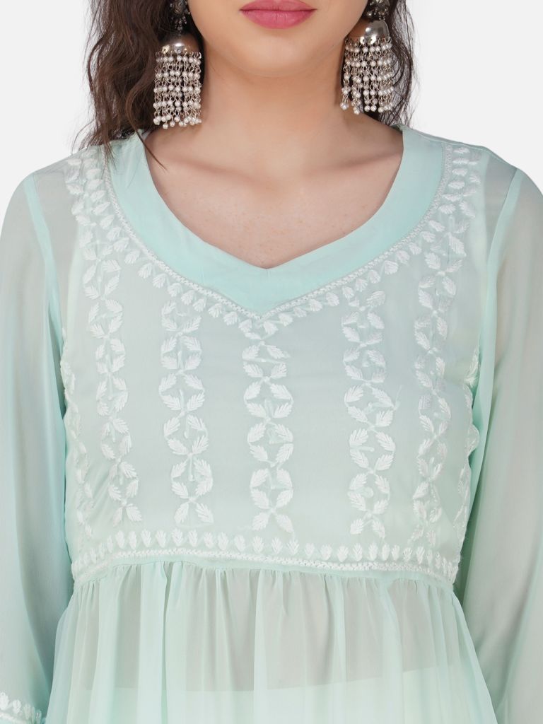 Aqua Blue Nyra Cut Lucknowi Chikankari Kurta