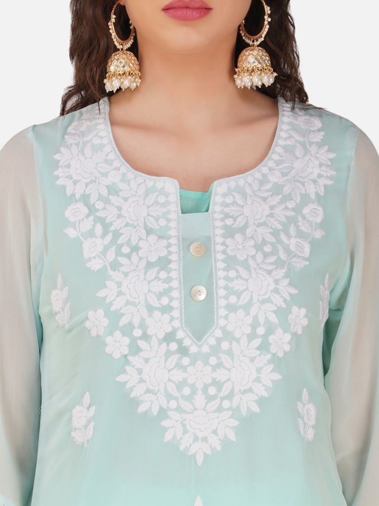 Aqua Blue Lucknowi Chikankari Embroidered Kurta Set