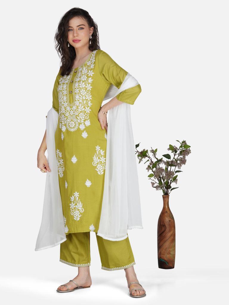 Olive Green Lucknowi Chikankari Embroidered Kurta Set