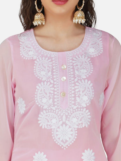 Pastel Pink Lucknow Chikankari Georgette Kurta Set