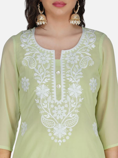 Light Green Lucknowi Chikankari Embroidered Kurta Set