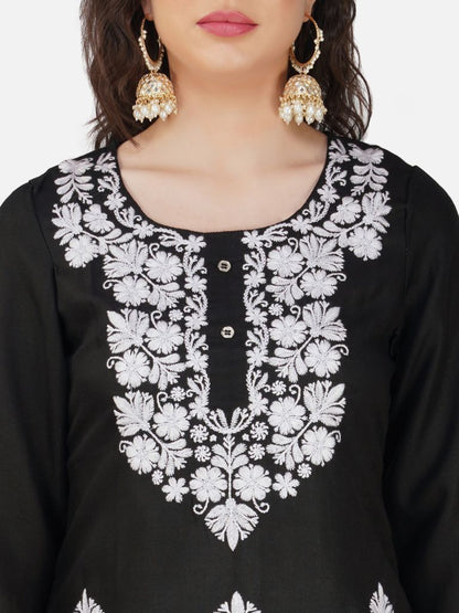 Black Rayon Lucknowi Chikankari Kurta and Bottom Set