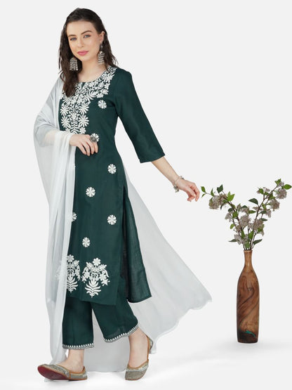 Dark Green Lucknowi Chikankari Embroidered Kurta Set