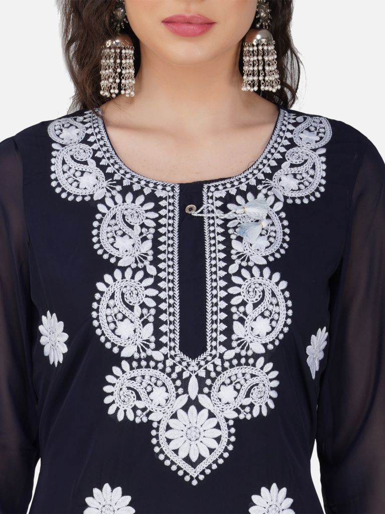 Elegant Navy Blue Lucknowi Chikankari Embroidered Kurta Set
