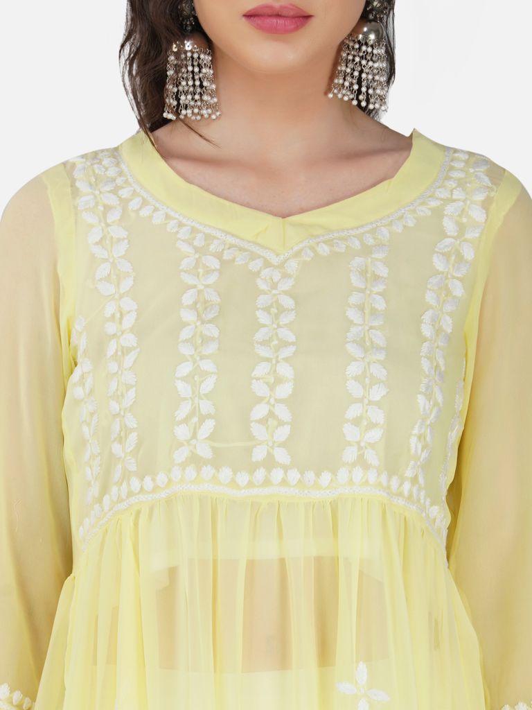 Lemon Yellow Lucknowi Chikankari Embroidered Nyra Cut Kurta